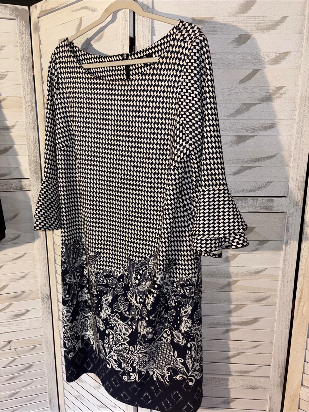 Black & White Houndstooth Bell-Sleeve Dress
